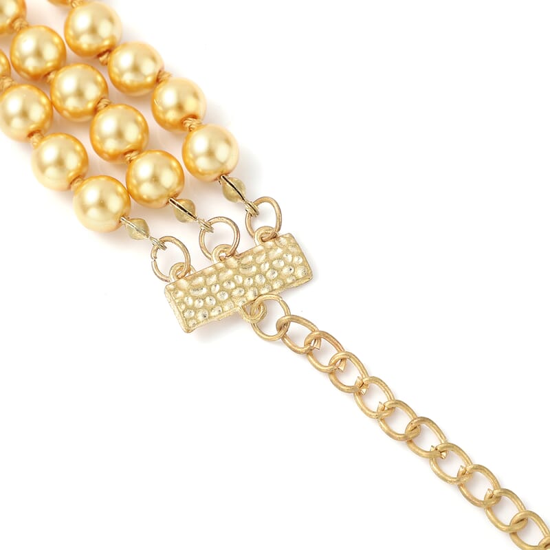 Simulated Golden Pearl and Multi Gemstone Triple Row Necklace 21.50-23.50 Inches in Goldtone