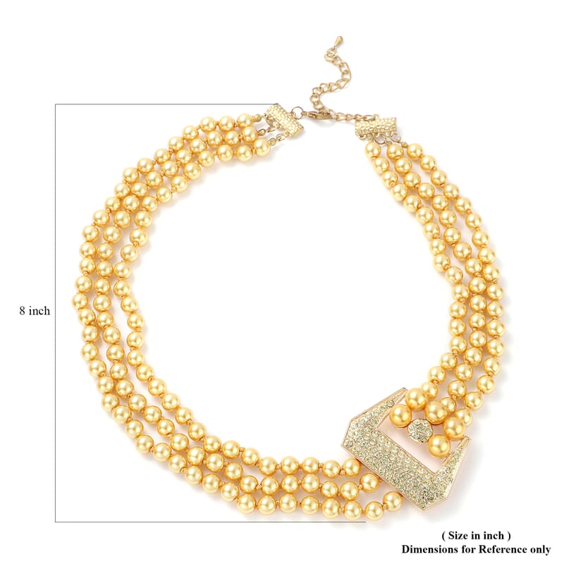 Simulated Golden Pearl and Multi Gemstone Triple Row Necklace 21.50-23.50 Inches in Goldtone