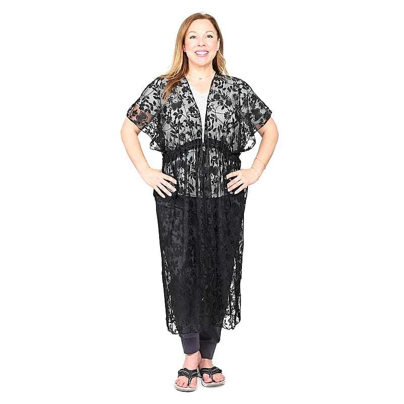 Jovie Black Floral Lace Maxi Kimono with Drawstring Waist