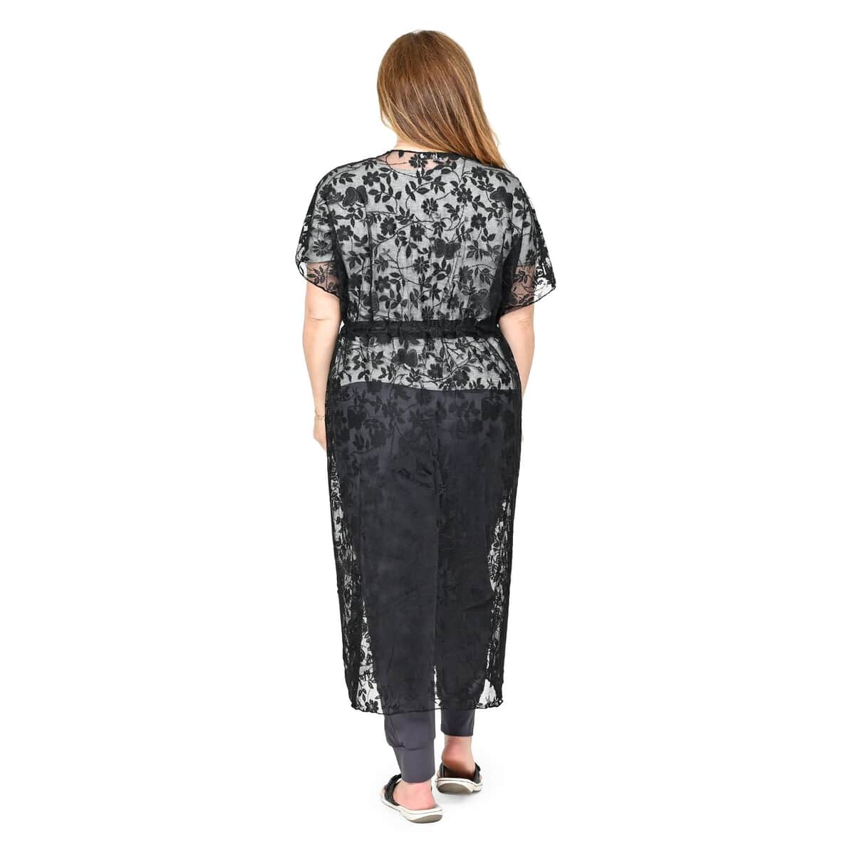 JOVIE Black Floral Lace Maxi Kimono with Drawstring Waist (44"x31") image number 1