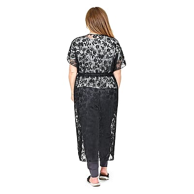 Jovie Black Floral Lace Maxi Kimono with Drawstring Waist