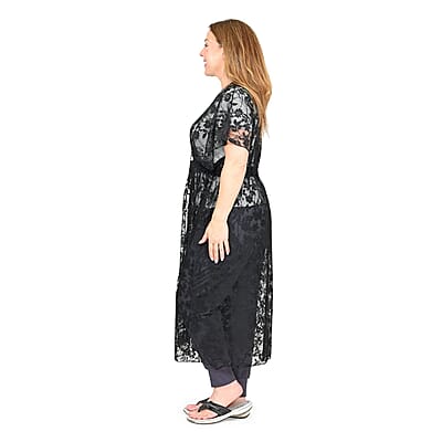 Jovie Black Floral Lace Maxi Kimono with Drawstring Waist