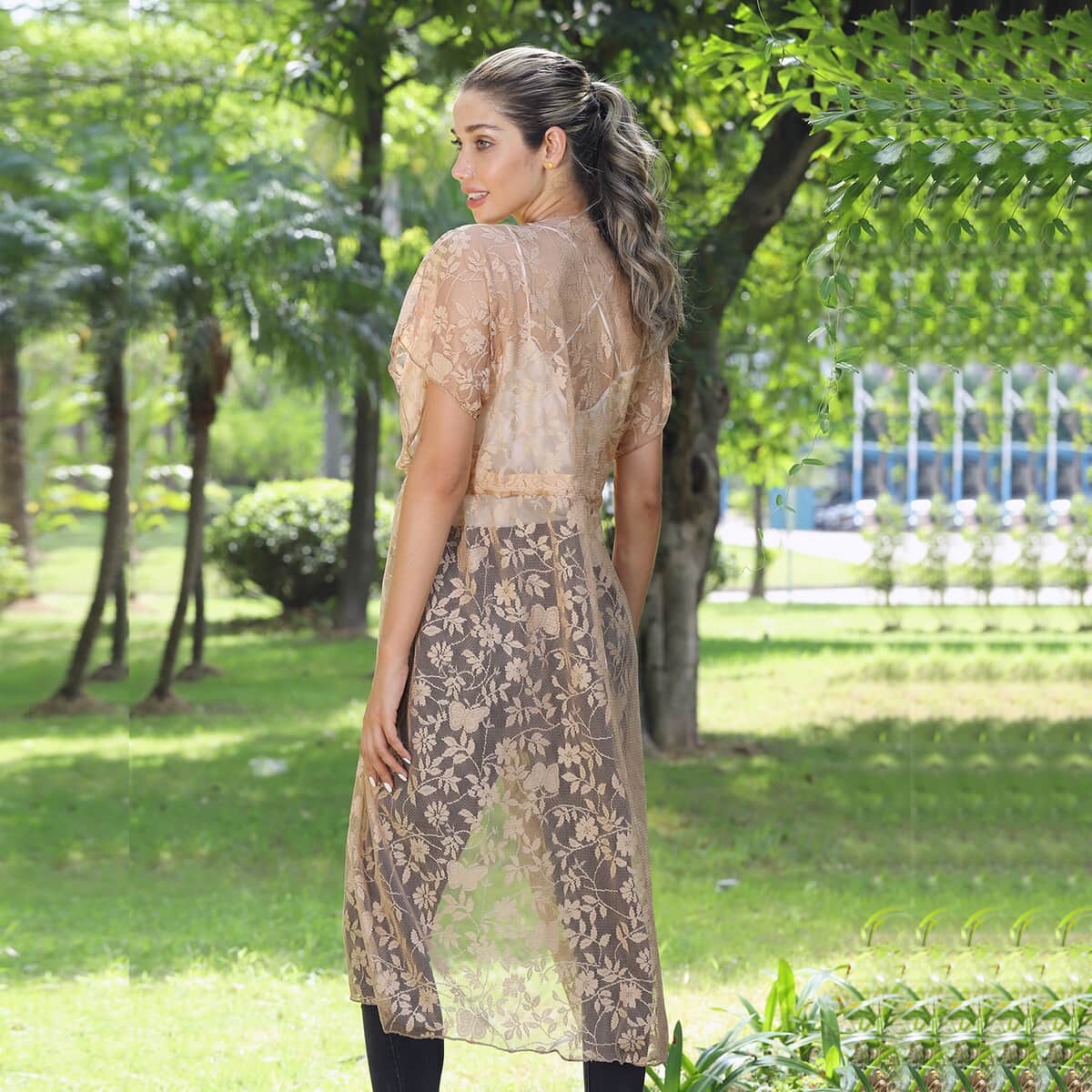 Jovie Tan Floral Lace Maxi Kimono with Drawstring Waist image number 1