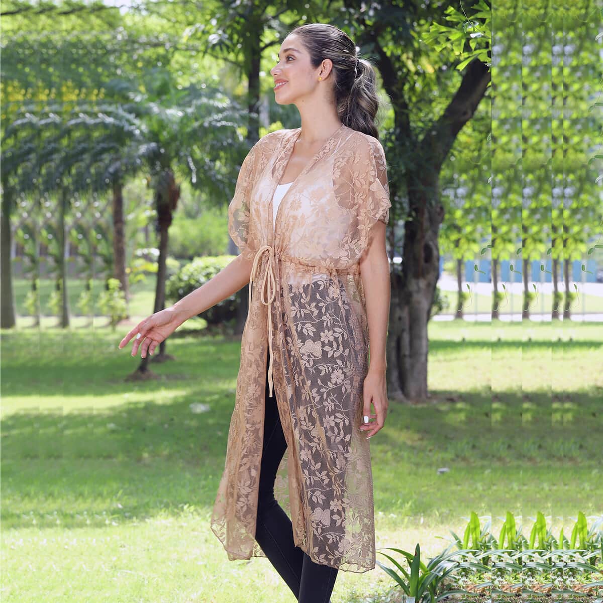 Jovie Tan Floral Lace Maxi Kimono with Drawstring Waist image number 2