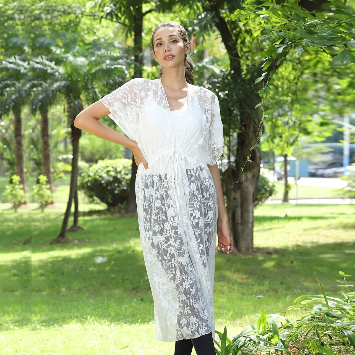 Jovie White Floral Lace Maxi Kimono with Drawstring Waist image number 0