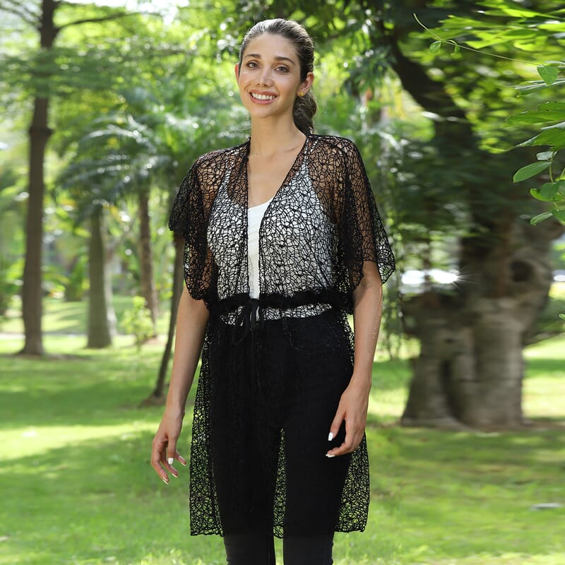 JOVIE Black Micro Lace Kimono with Drawstring Waist