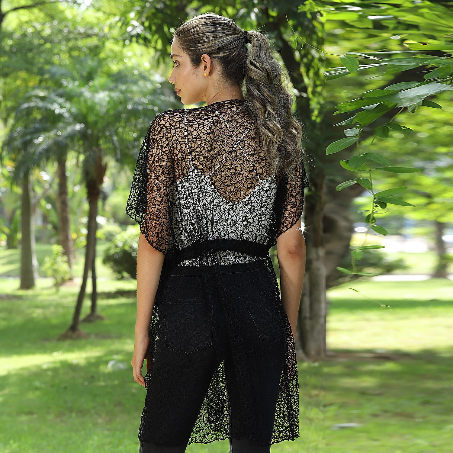 JOVIE Black Micro Lace Kimono with Drawstring Waist