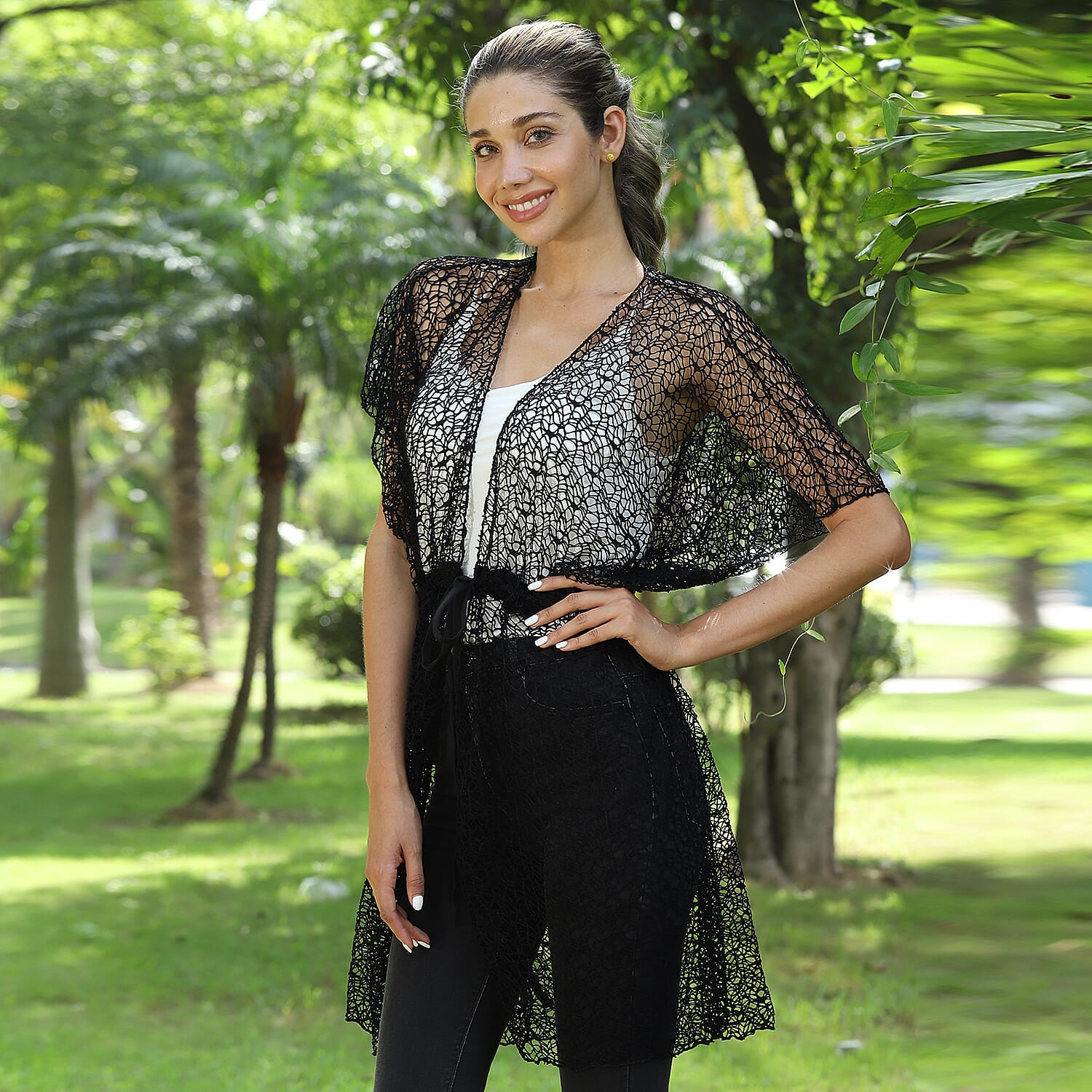 JOVIE Black Micro Lace Kimono with Drawstring Waist