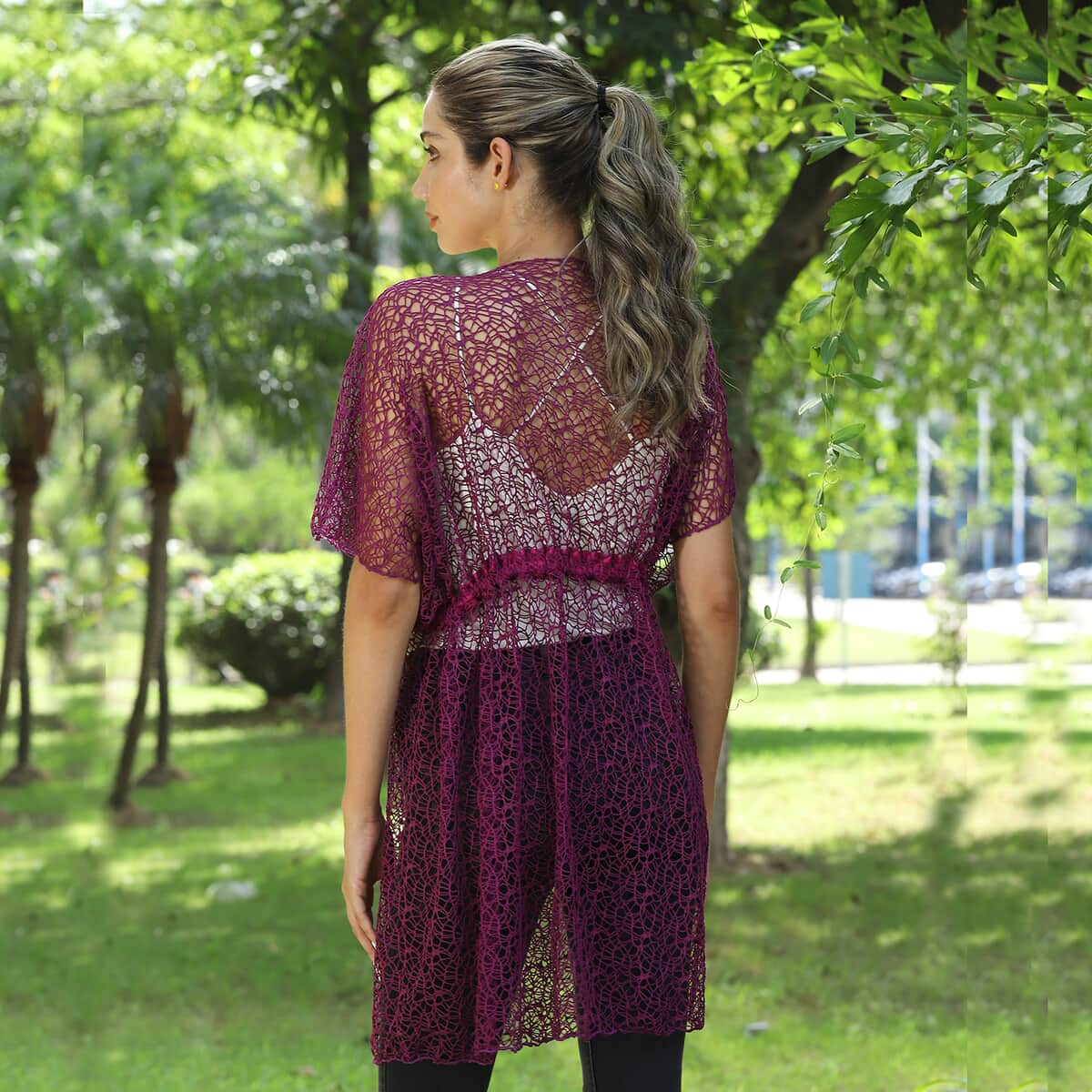 Jovie Plum Micro Lace Kimono with Drawstring Waist image number 1