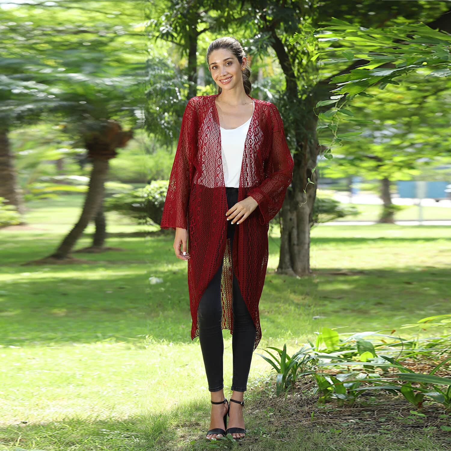 Buy Jovie Burgundy Lace Long Sleeve Maxi Cardigan at ShopLC