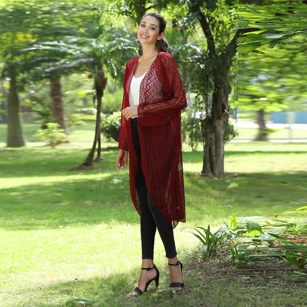 Jovie Burgundy Lace Long Sleeve Maxi Cardigan image number 2