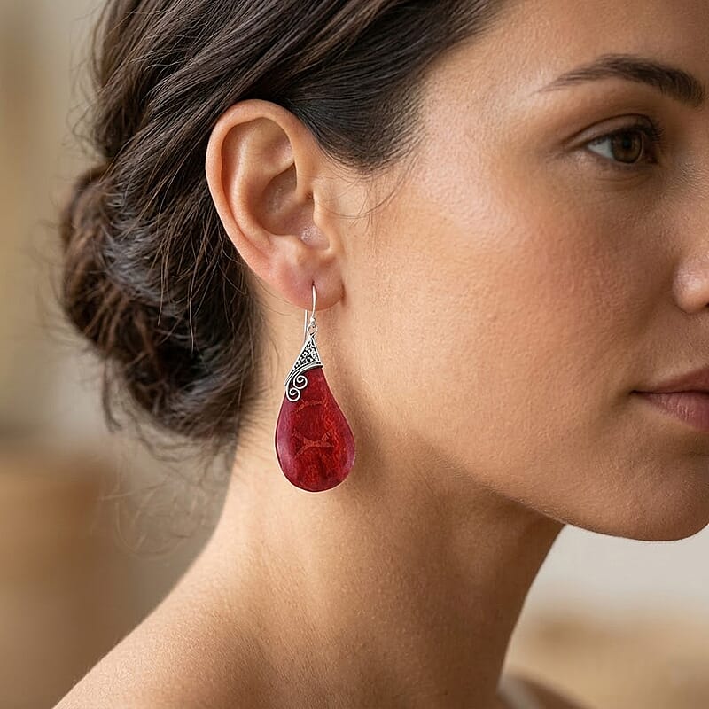Sponge Coral Pear Dangle Earrings in Sterling Silver