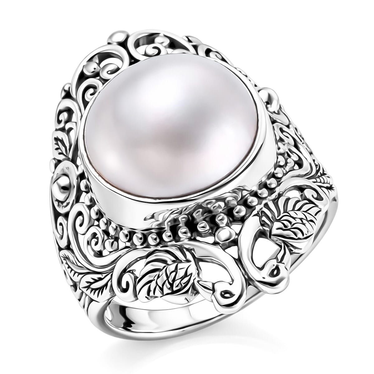 Bali Legacy White Mabe Pearl Floral Leaf and Peacock Ring in Sterling Silver (Size 11.0) 