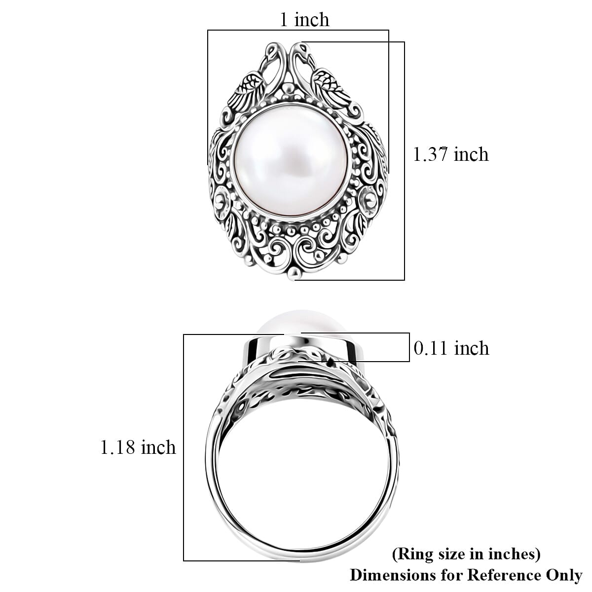 Bali Legacy White Mabe Pearl Floral Leaf and Peacock Ring in Sterling Silver (Size 11.0) 