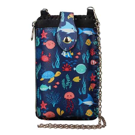 HongKong Closeout Stylish and Classic Sea Life Pattern Cell Phone Bag with Chain Shoulder Strap -Navy image number 0