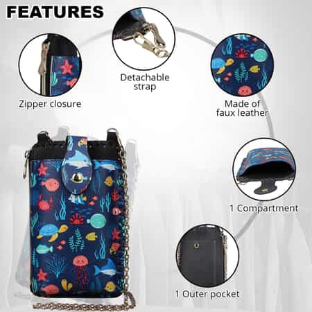 HongKong Closeout Stylish and Classic Sea Life Pattern Cell Phone Bag with Chain Shoulder Strap -Navy image number 3