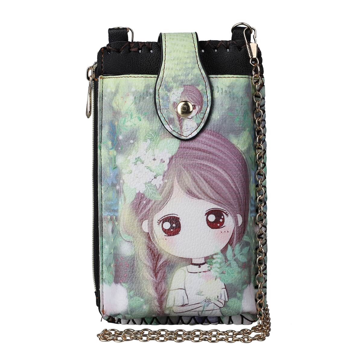 HongKong Closeout Stylish and Classic Little Girl Pattern Cell Phone Bag with Chain Shoulder Strap - Green image number 0
