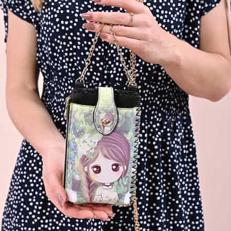 HongKong Closeout Stylish and Classic Little Girl Pattern Cell Phone Bag with Chain Shoulder Strap - Green image number 2