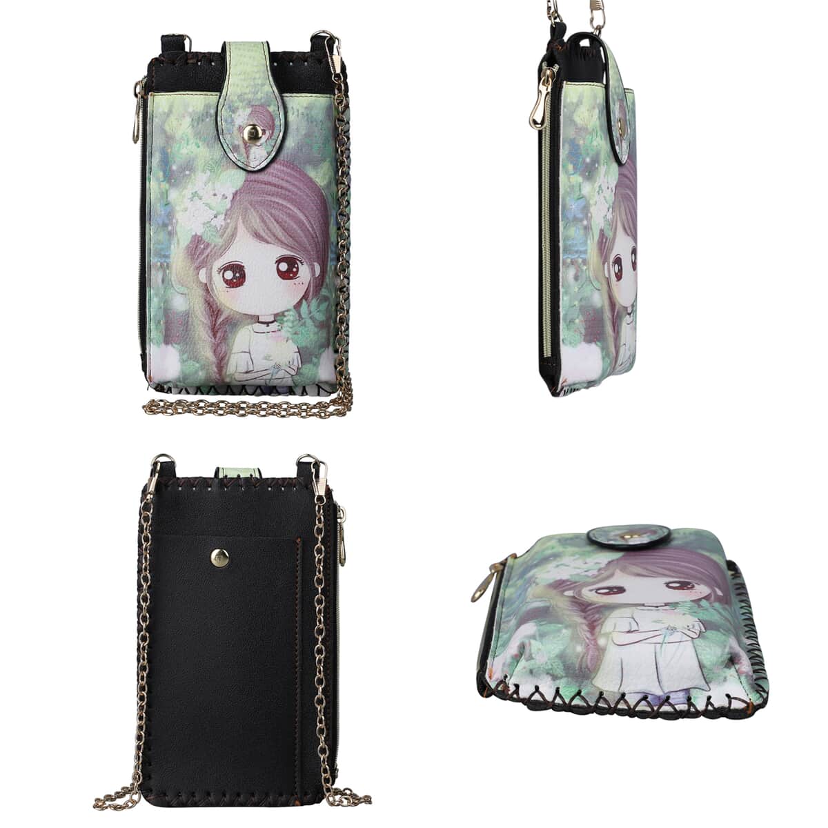 HongKong Closeout Stylish and Classic Little Girl Pattern Cell Phone Bag with Chain Shoulder Strap - Green image number 3