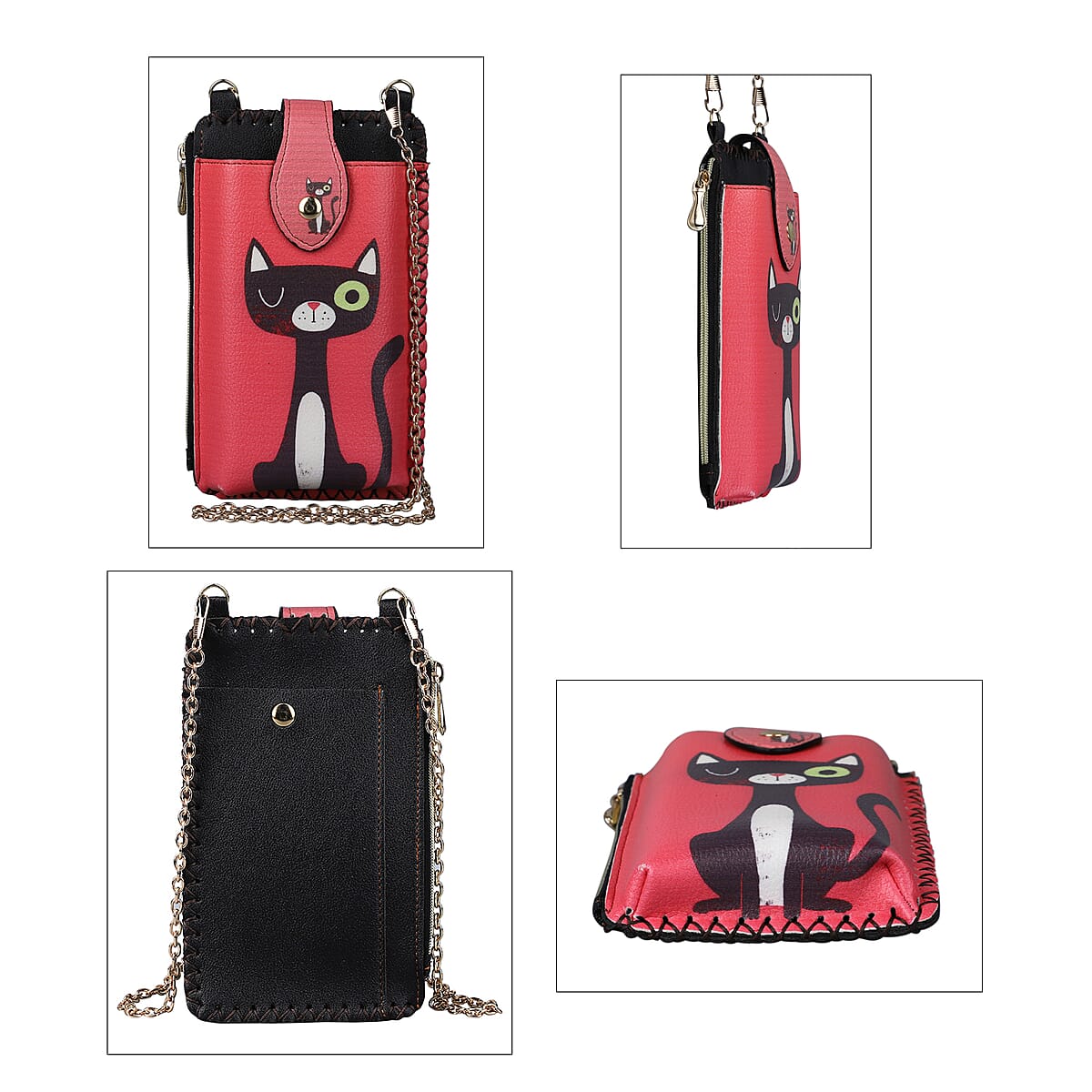 HongKong Closeout Stylish and Classic Cat Pattern Cell Phone Bag with Chain Shoulder Strap -Red image number 3