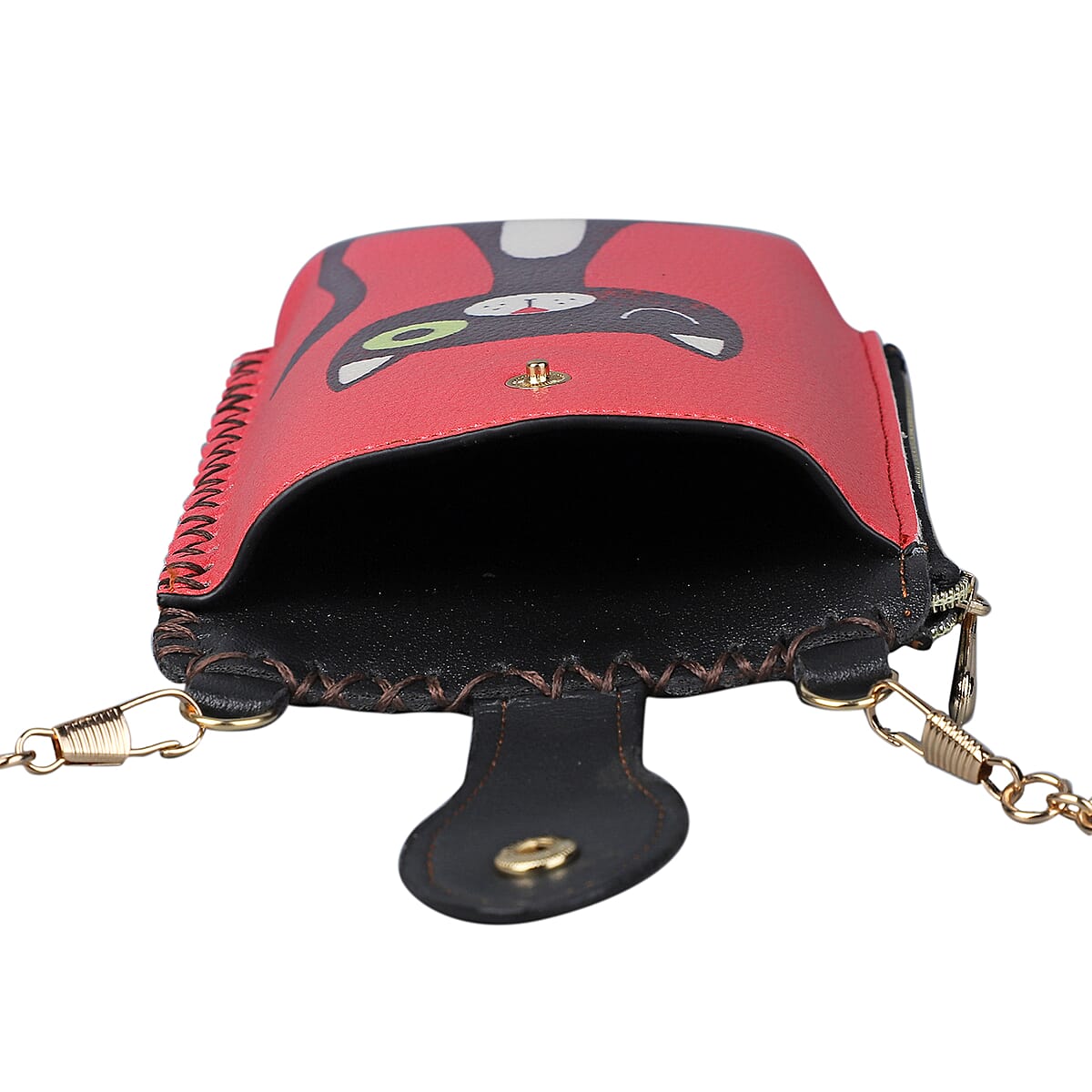 HongKong Closeout Stylish and Classic Cat Pattern Cell Phone Bag with Chain Shoulder Strap -Red image number 5