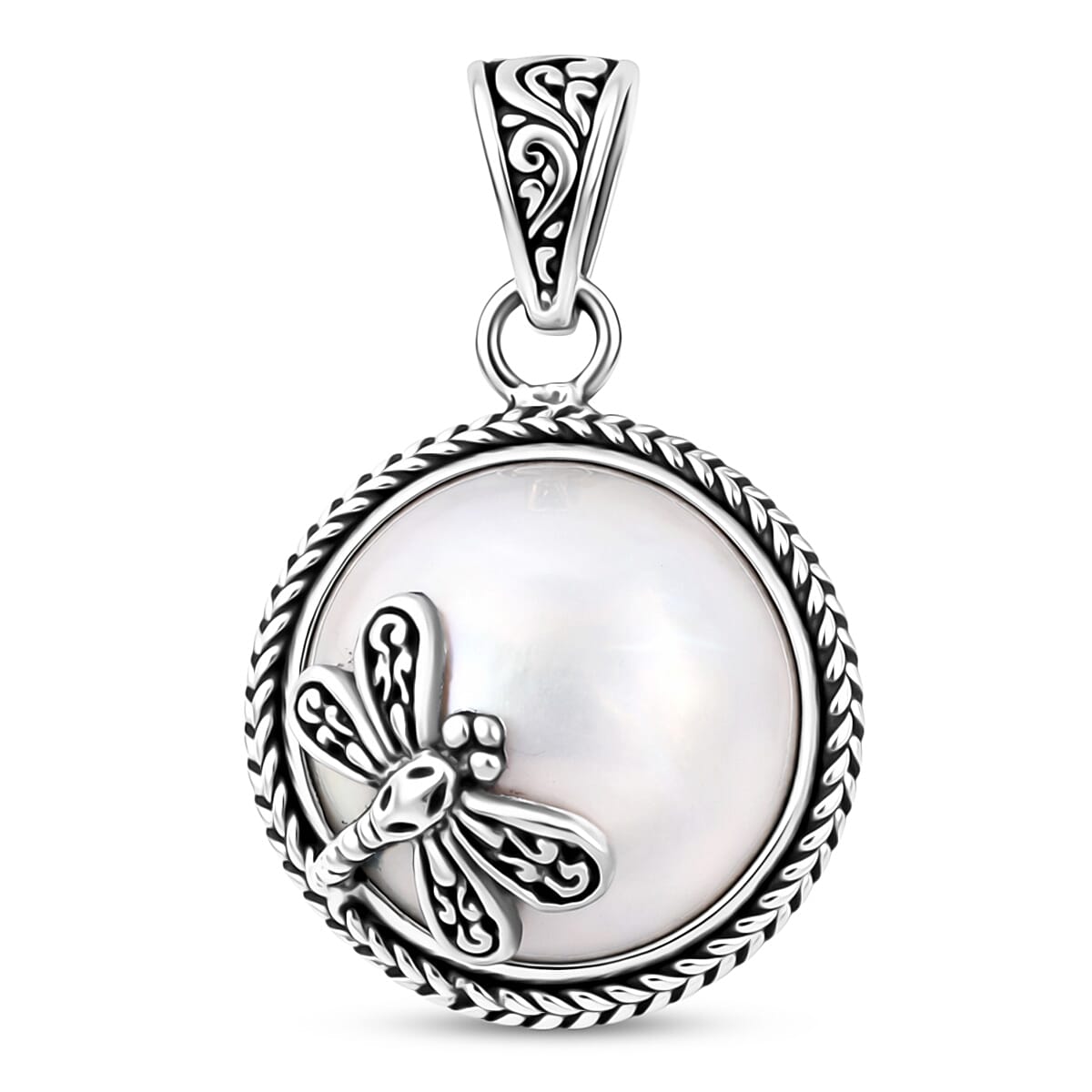 Bali Legacy White Mabe Pearl Dragonfly Pendant in Sterling Silver