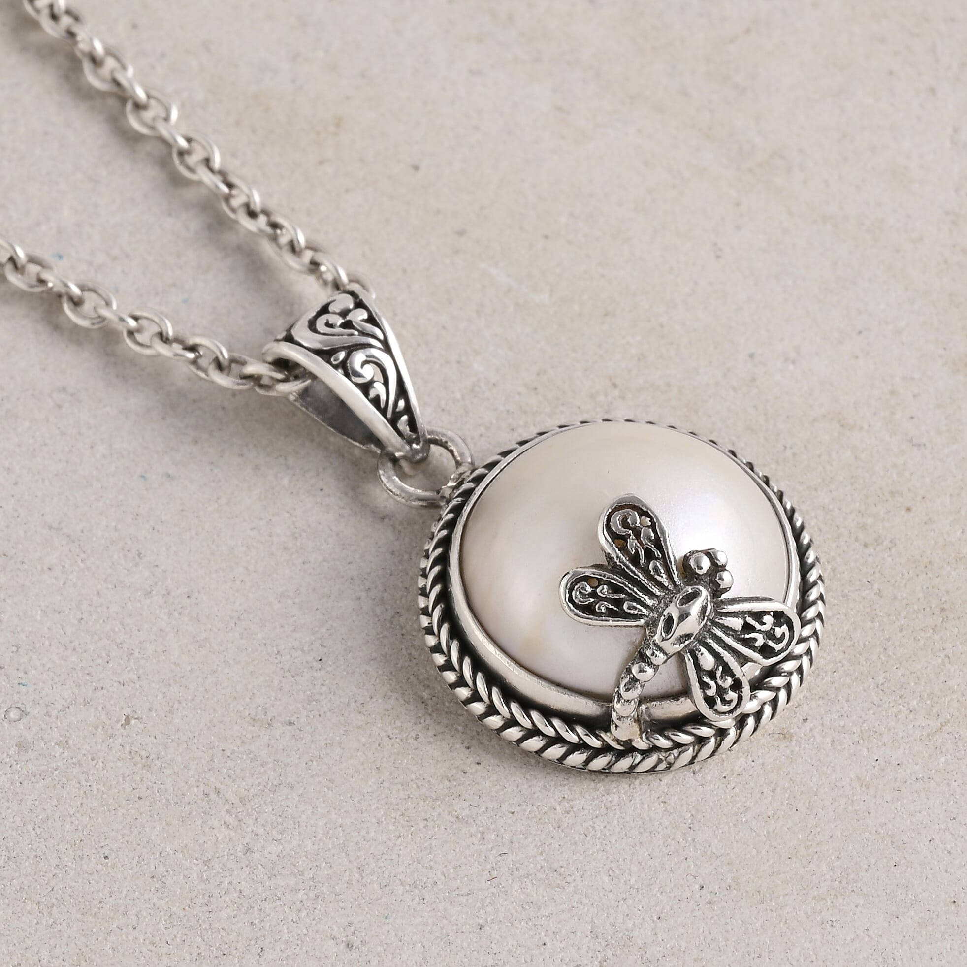 Bali Legacy White Mabe Pearl Dragonfly Pendant in Sterling Silver