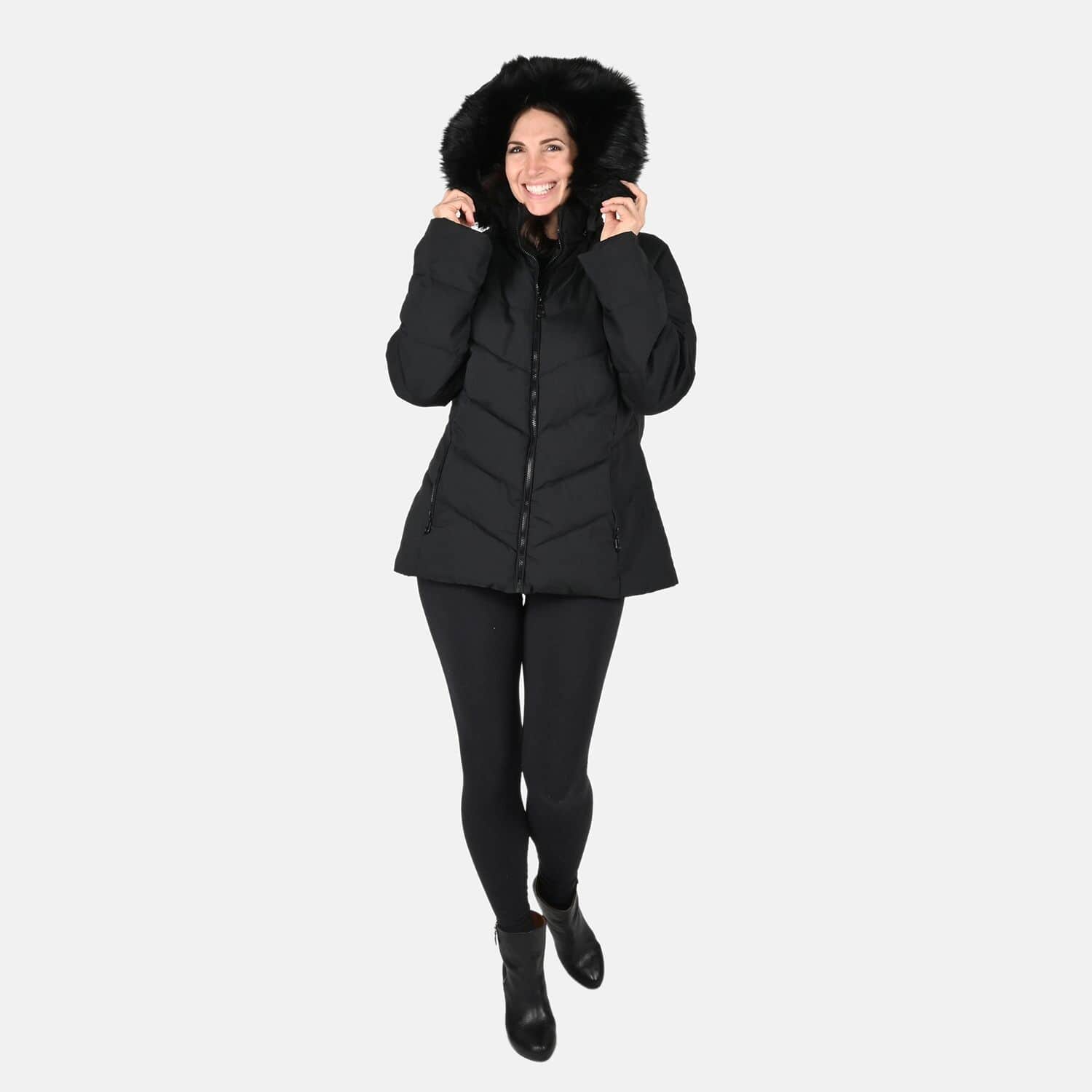 Ladies short puffer outlet jacket with fur hood