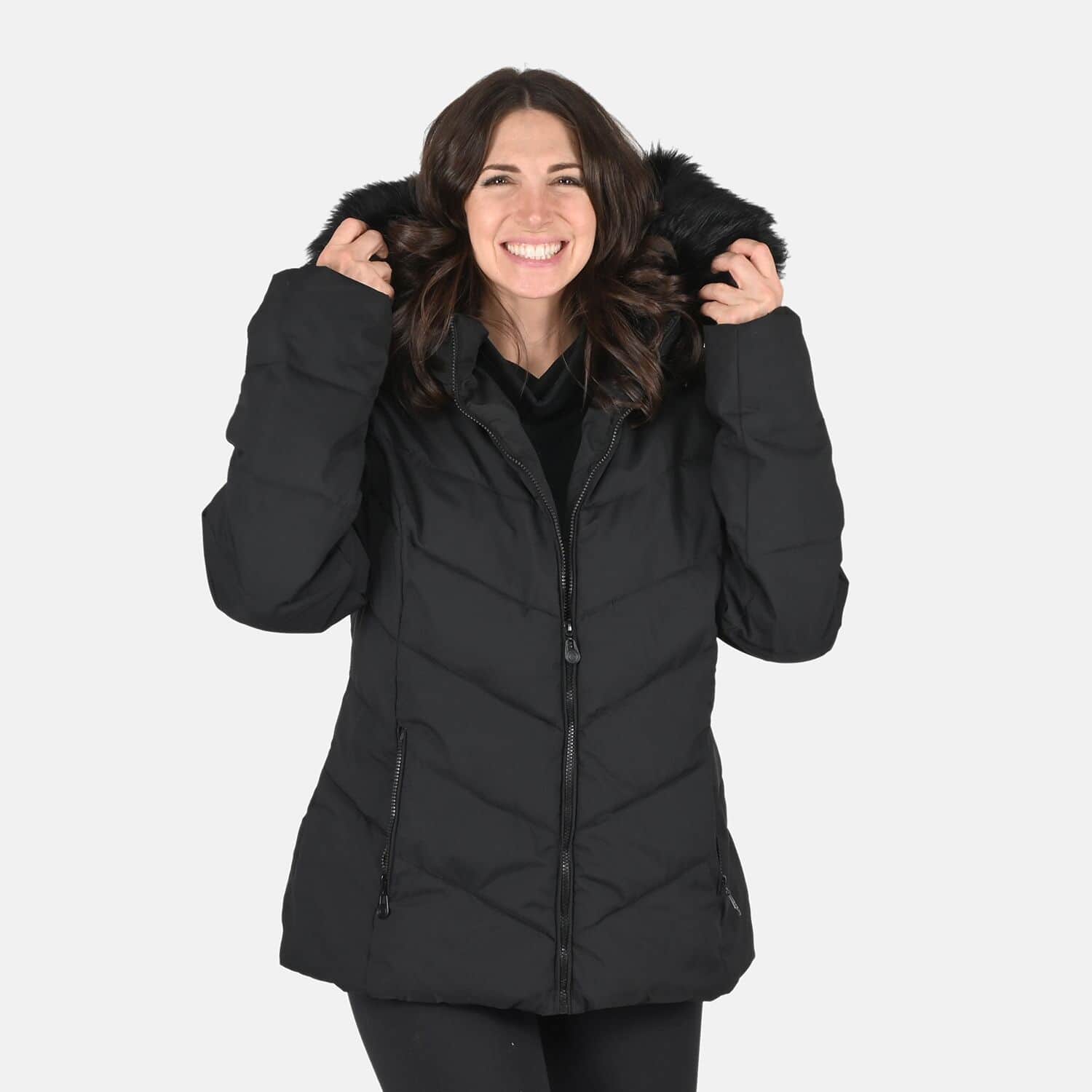 Short black puffer cheap jacket with hood