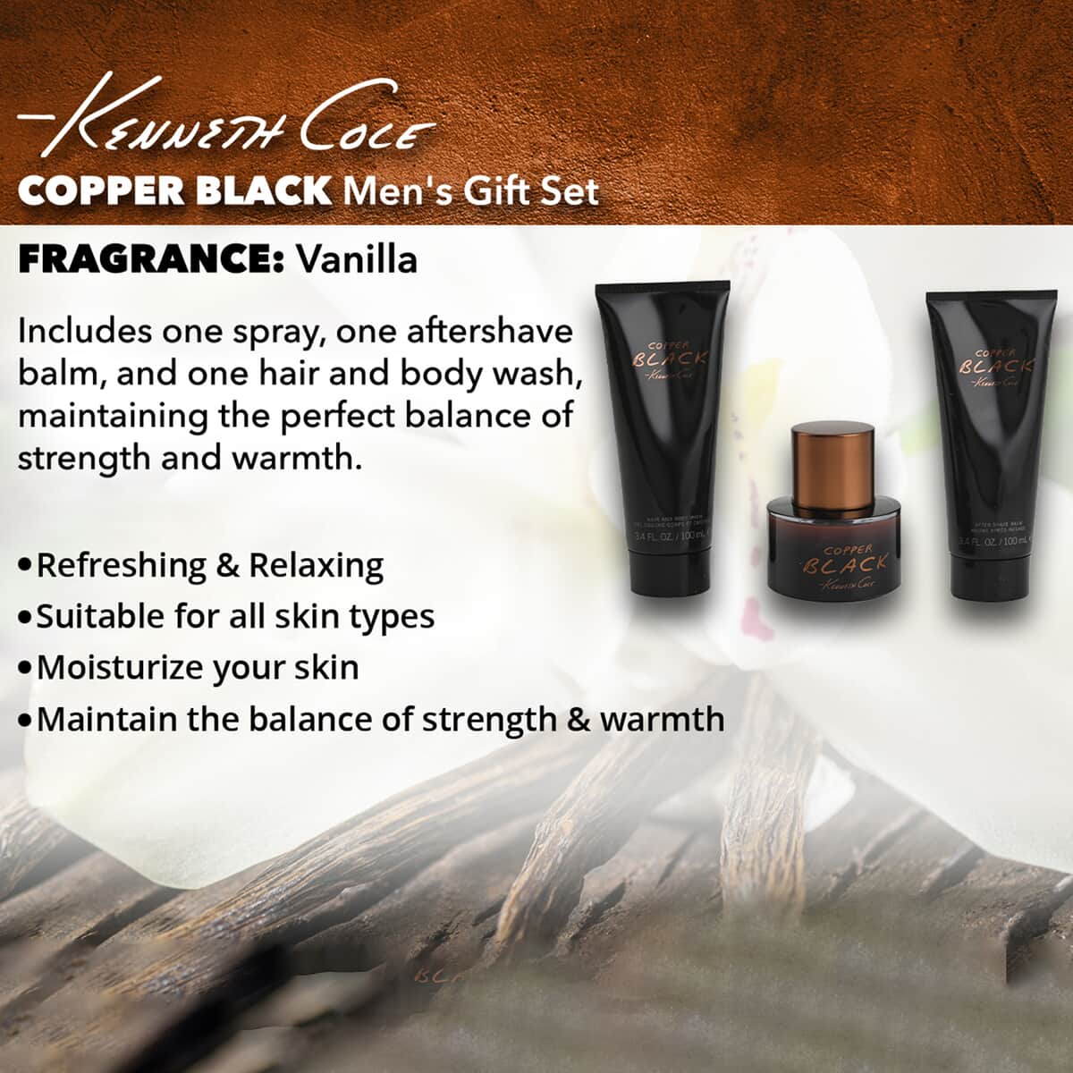 Kenneth Cole Copper Black 3 Pieces Men's Gift Set (EDT spray, After Shave Balm, Hair and Body Wash) , Accessory Set , Eau De Toilette , Men's Accessories image number 1