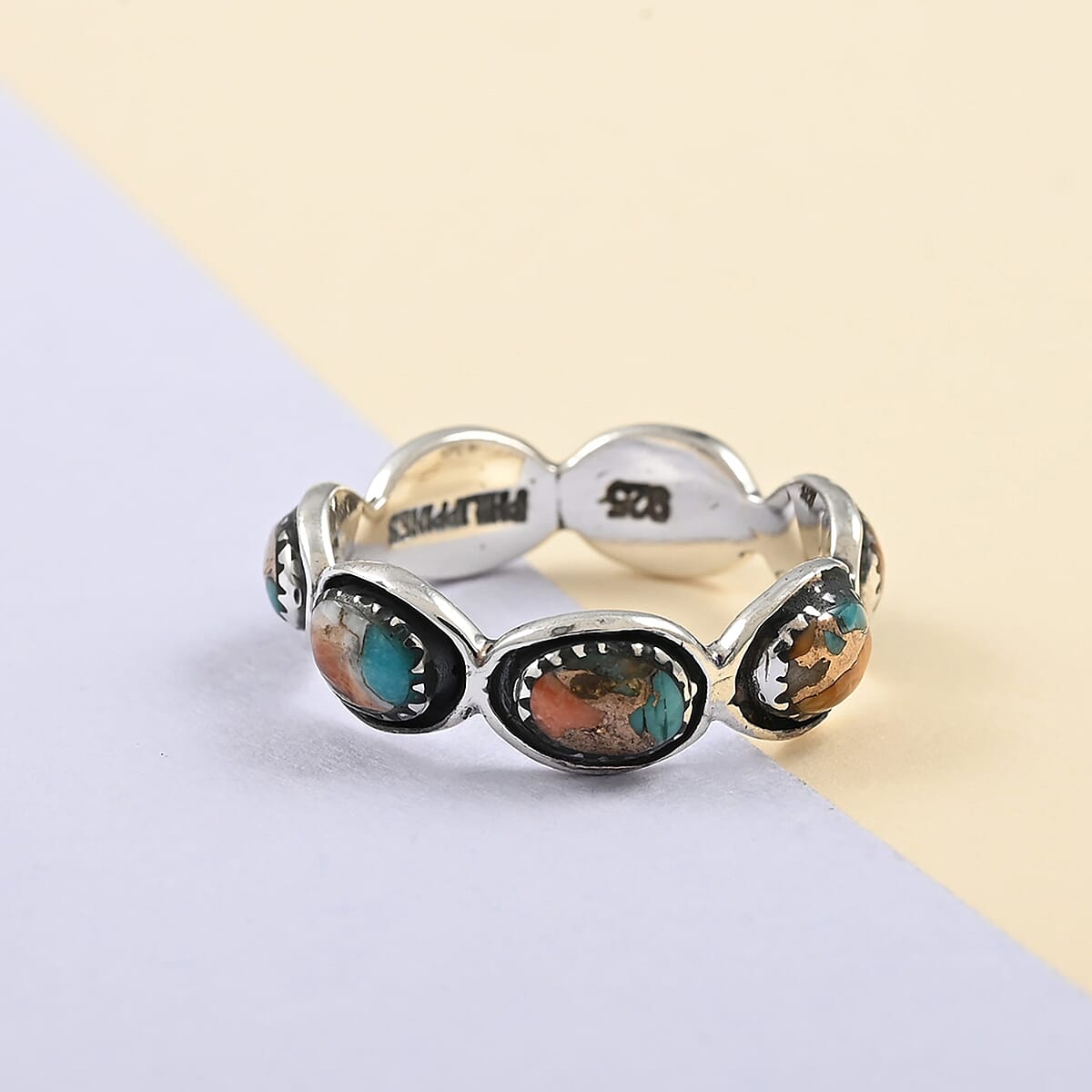 SANTA FE Style Spiny Turquoise Eternity Ring in Sterling Silver 0.05 ctw image number 1