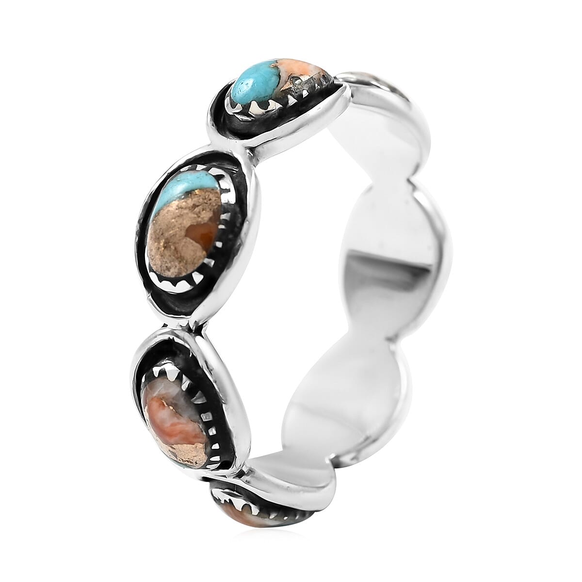 SANTA FE Style Spiny Turquoise Eternity Ring in Sterling Silver 0.05 ctw image number 3
