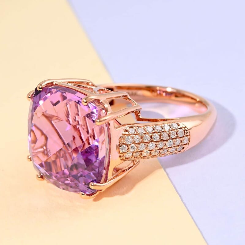 Certified and Appraised Iliana 18K Rose Gold AAA Patroke Kunzite and G-H SI Diamond Ring (Size 7.0) 6.45 Grams 16.90 ctw
