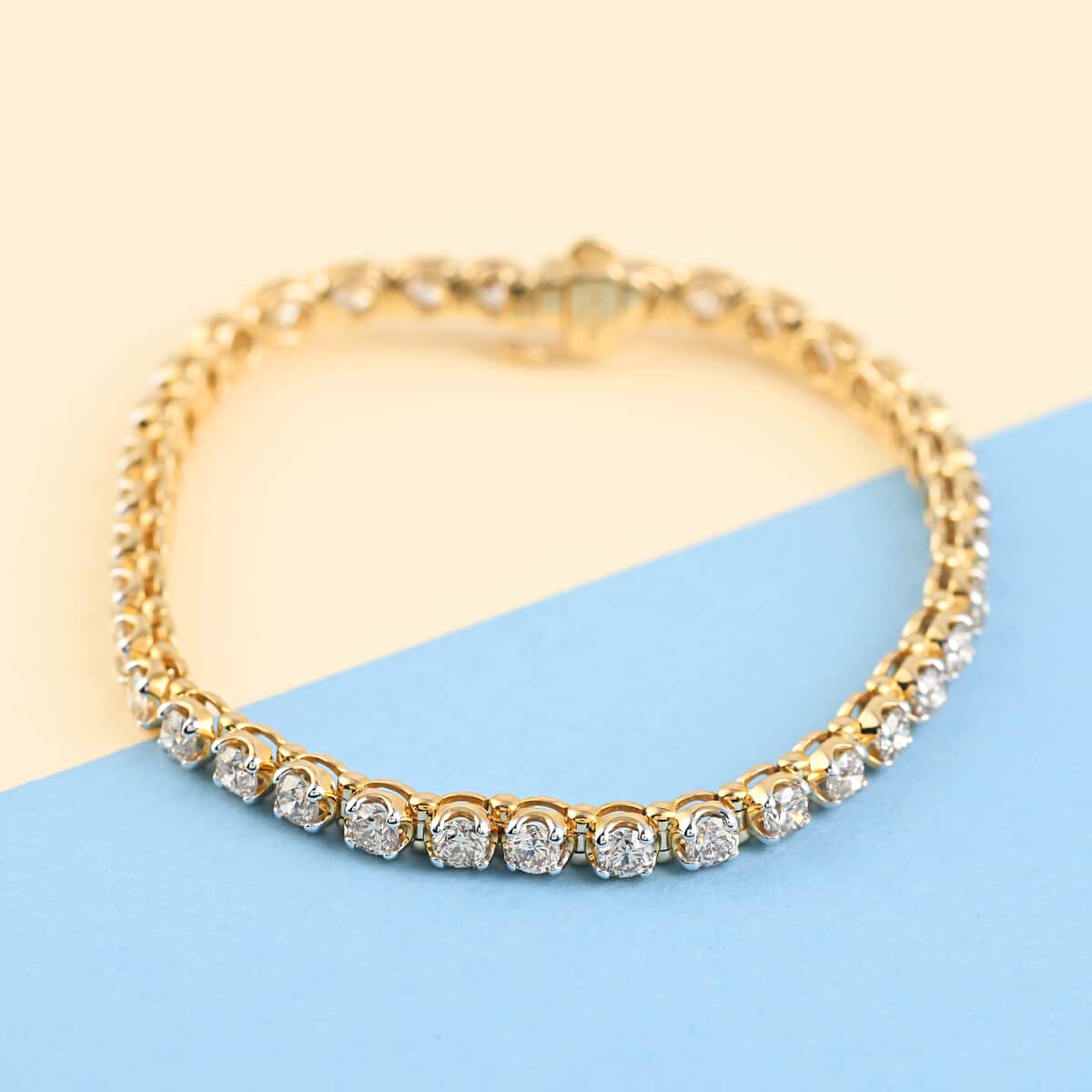 NY Closeout 10K Yellow and White Gold Diamond Straight Line Tennis Bracelet (7.00 In) 12.40 Grams 7.00 ctw image number 1