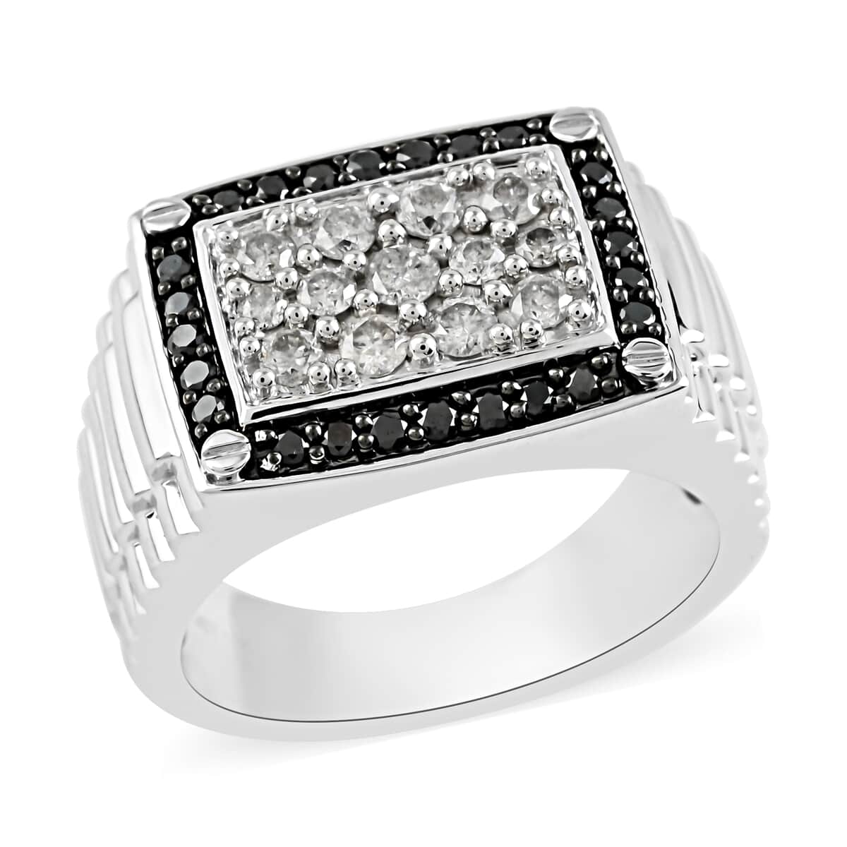 NY CLOSEOUT 10K White Gold G-H I3 Diamond and Black Diamond Framed Rectangular Pave Ring (Size 10.0) 8.75 Grams 1.00 ctw image number 0