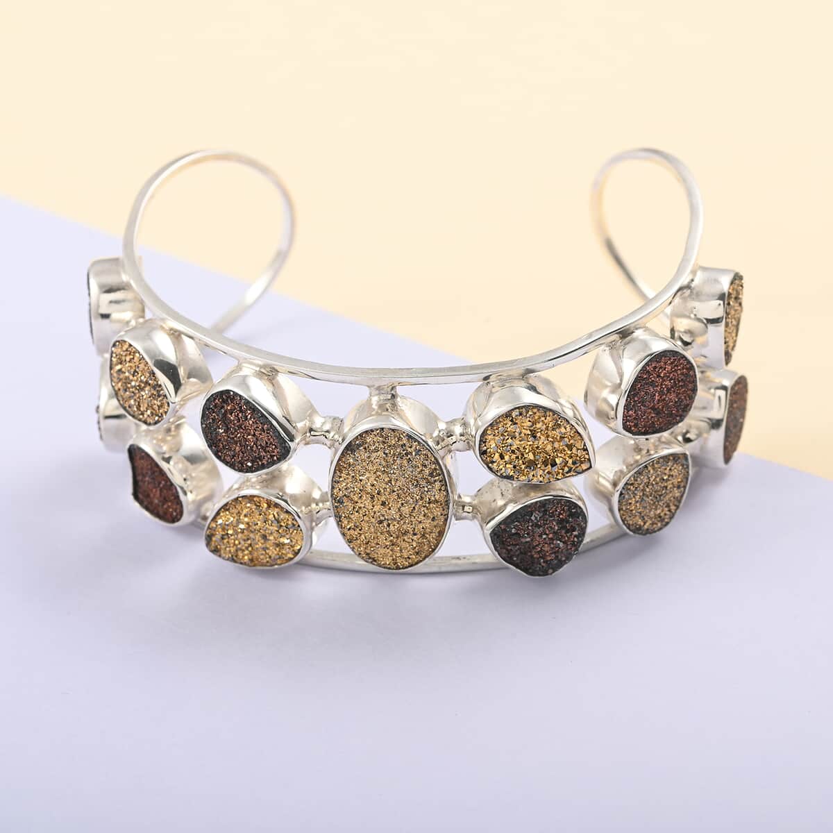 Copper Drusy Quartz and Gold Drusy Quartz Cuff Bracelet in Sterling Silver (7.00 In) 54.50 Grams image number 1