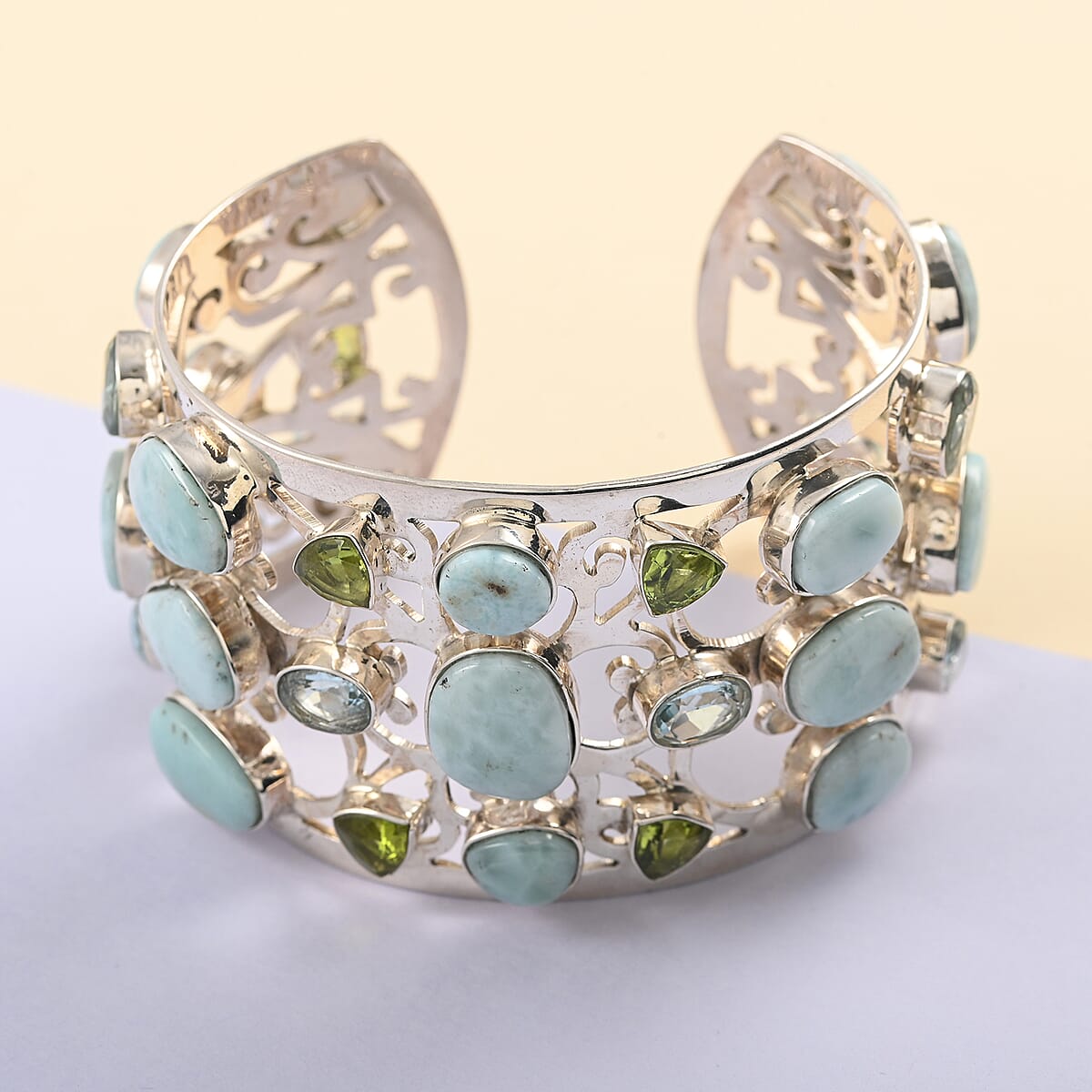 One Of A Kind Larimar and Multi Gemstone Floral Framework Mixed Shapes Statement Cuff Bracelet in Sterling Silver (7.00 In) 78 Grams 55.90 ctw image number 1