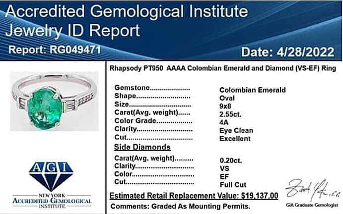 Certified & Appraised Rhapsody AAAA Boyaca Colombian Emerald and E-F VS Diamond 2.75 ctw Ring in 950 Platinum (Size 7.0) 5.30 Grams