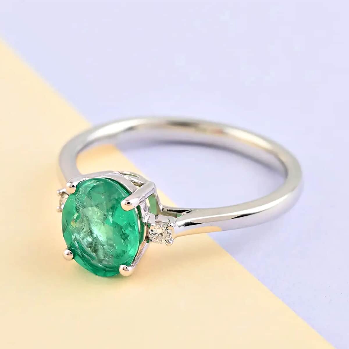 Certified & Appraised RHAPSODY 950 Platinum AAAA Boyaca Colombian Emerald and E-F VS Diamond Ring 4.40 Grams 1.40 ctw image number 1