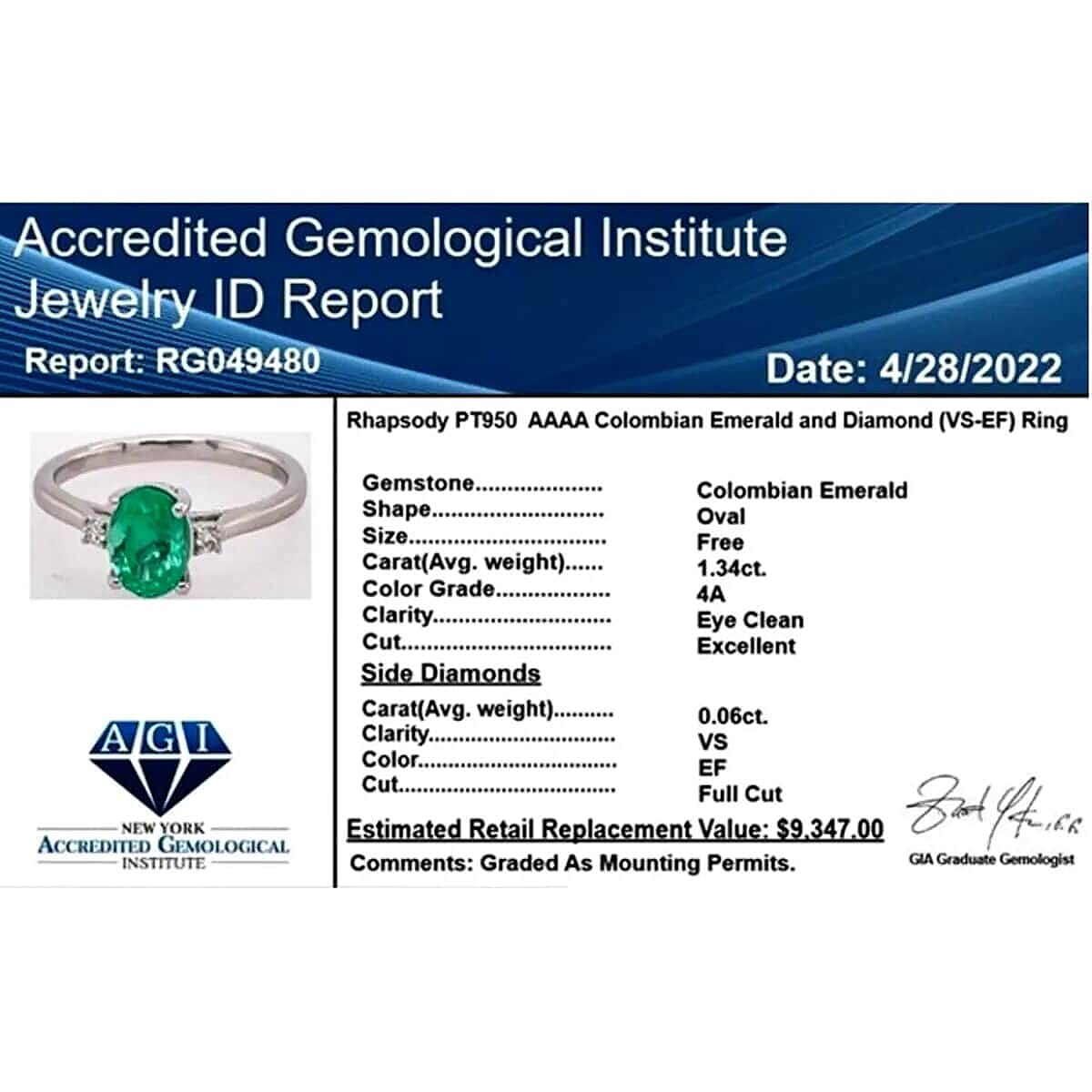 Certified and Appraised Rhapsody AAAA Boyaca Colombian Emerald and E-F VS Diamond 1.40 ctw Ring in 950 Platinum (Size 6.0) 4.40 Grams