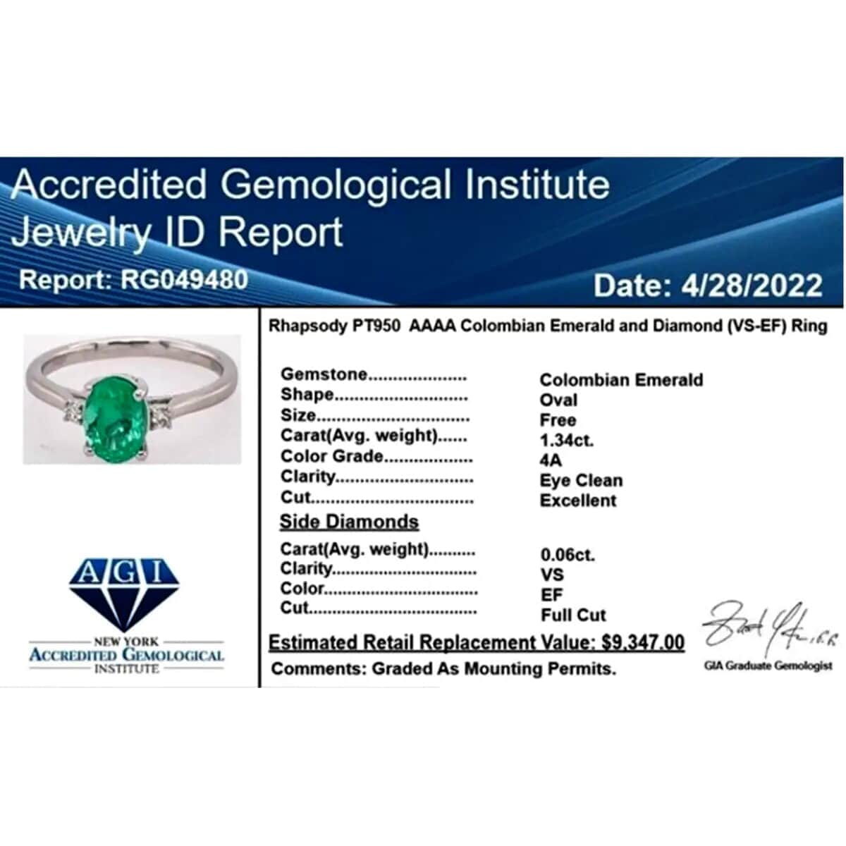 Certified & Appraised Rhapsody 950 Platinum AAAA Boyaca Colombian Emerald and E-F VS Diamond Ring (Size 6.0) 4.40 Grams 1.40 ctw image number 6