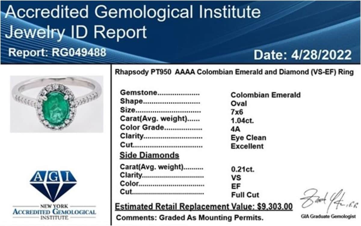 Certified Rhapsody 950 Platinum AAAA Boyaca Colombian Emerald and E-F VS Diamond Ring (Size 6.0) 4.75 Grams 1.25 ctw image number 6