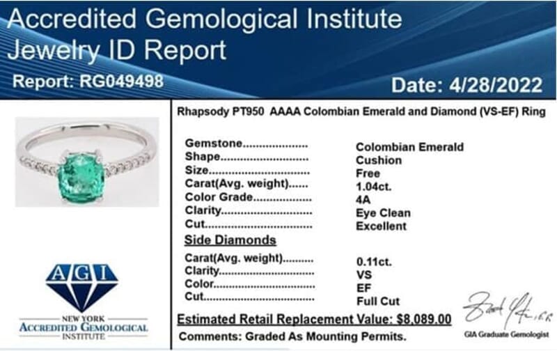 Certified & Appraised Rhapsody AAAA Boyaca Colombian Emerald and E-F VS Diamond 1.15 ctw Ring in 950 Platinum (Size 6.0)
