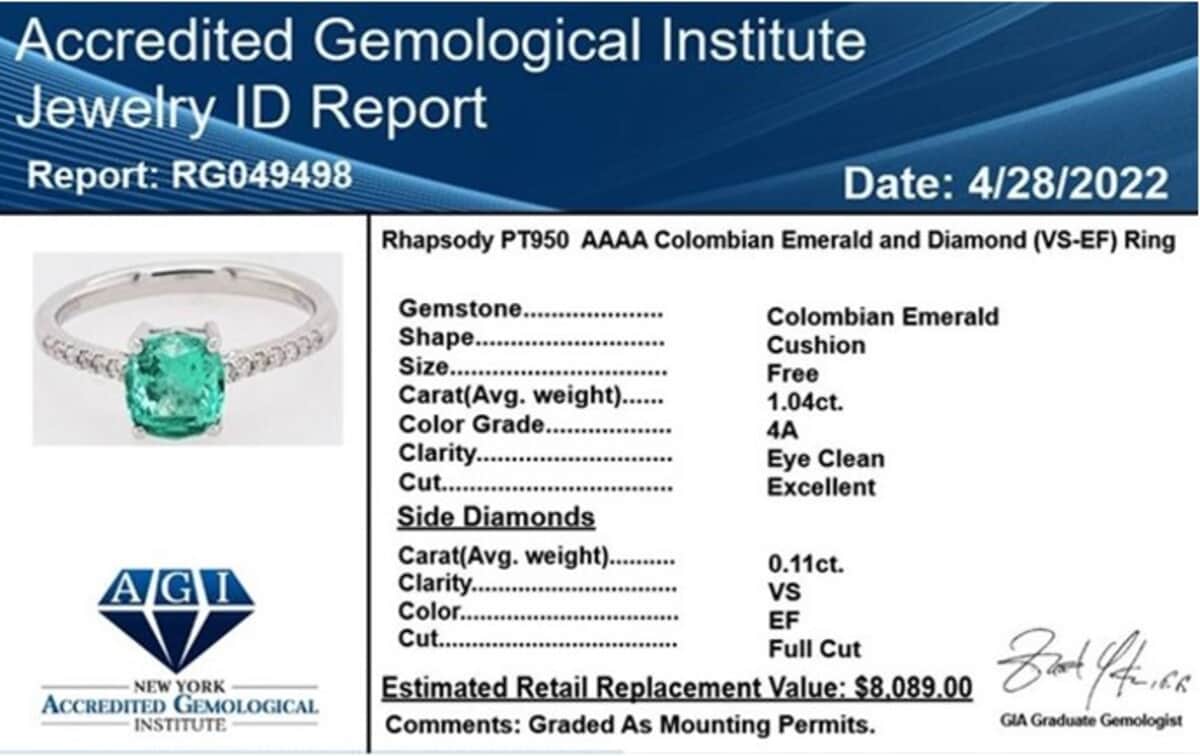 Certified & Appraised Rhapsody 950 Platinum AAAA Boyaca Colombian Emerald and E-F VS Diamond Ring (Size 8.0) 1.15 ctw image number 6