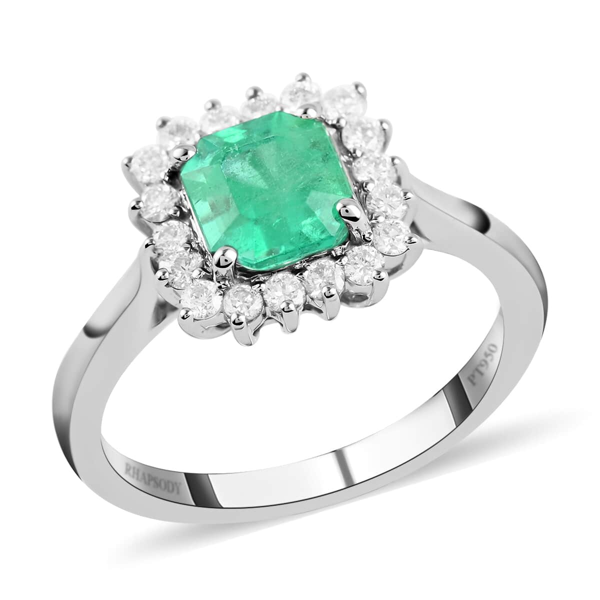 Certified and Appraised RHAPSODY 950 Platinum AAAA Colombian Emerald and E-F VS Diamond Sunburst Ring 5 Grams 1.35 ctw image number 0