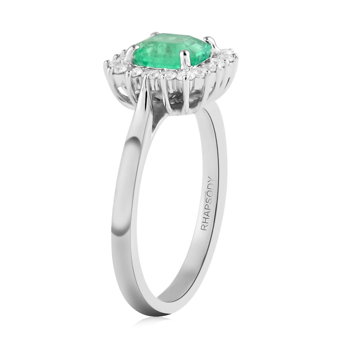 Certified and Appraised RHAPSODY 950 Platinum AAAA Colombian Emerald and E-F VS Diamond Sunburst Ring 5 Grams 1.35 ctw image number 3