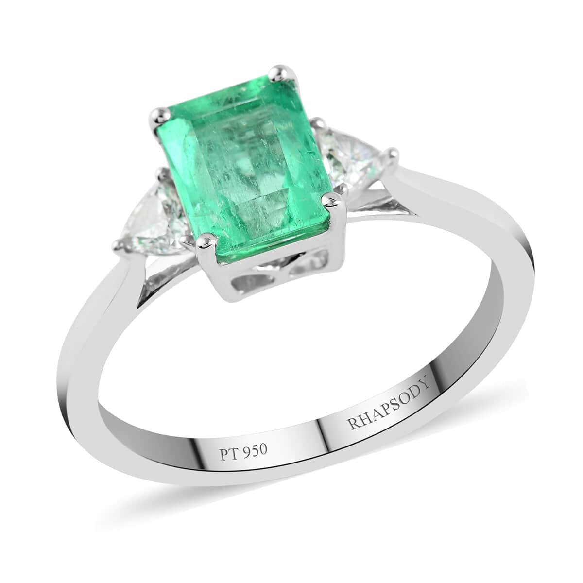 Certified and Appraised RHAPSODY 950 Platinum AAAA Boyaca Colombian Emerald and E-F VS Diamond Ring 3.85 Grams 1.50 ctw image number 0