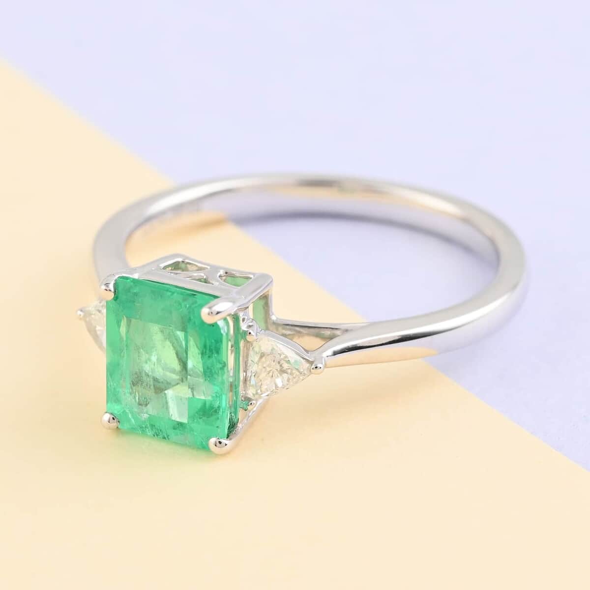 Certified and Appraised RHAPSODY 950 Platinum AAAA Boyaca Colombian Emerald and E-F VS Diamond Ring 3.85 Grams 1.50 ctw image number 1
