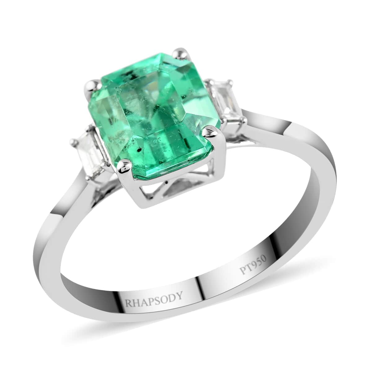 Certified & Appraised RHAPSODY 950 Platinum AAAA Boyaca Colombian Emerald and E-F VS Diamond Ring 4 Grams 2.25 ctw image number 0