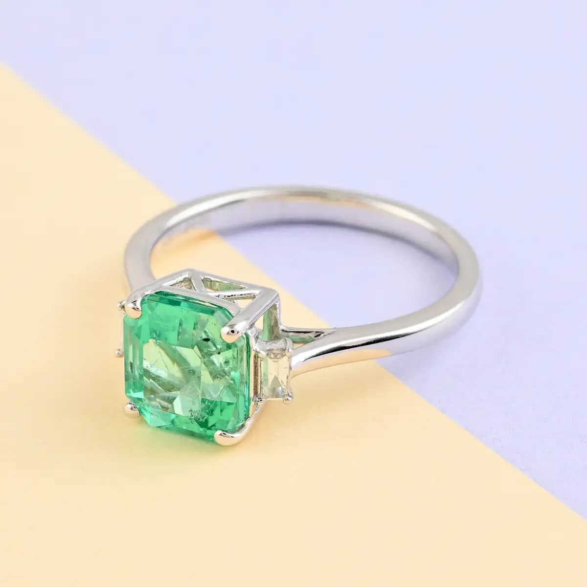 Certified & Appraised RHAPSODY 950 Platinum AAAA Boyaca Colombian Emerald and E-F VS Diamond Ring 4 Grams 2.25 ctw image number 1